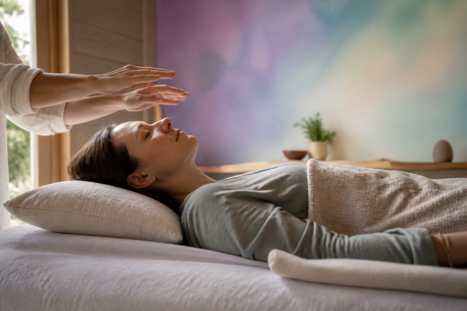 Illustrative Reiki session with a fully clothed client resting in a warm treatment space