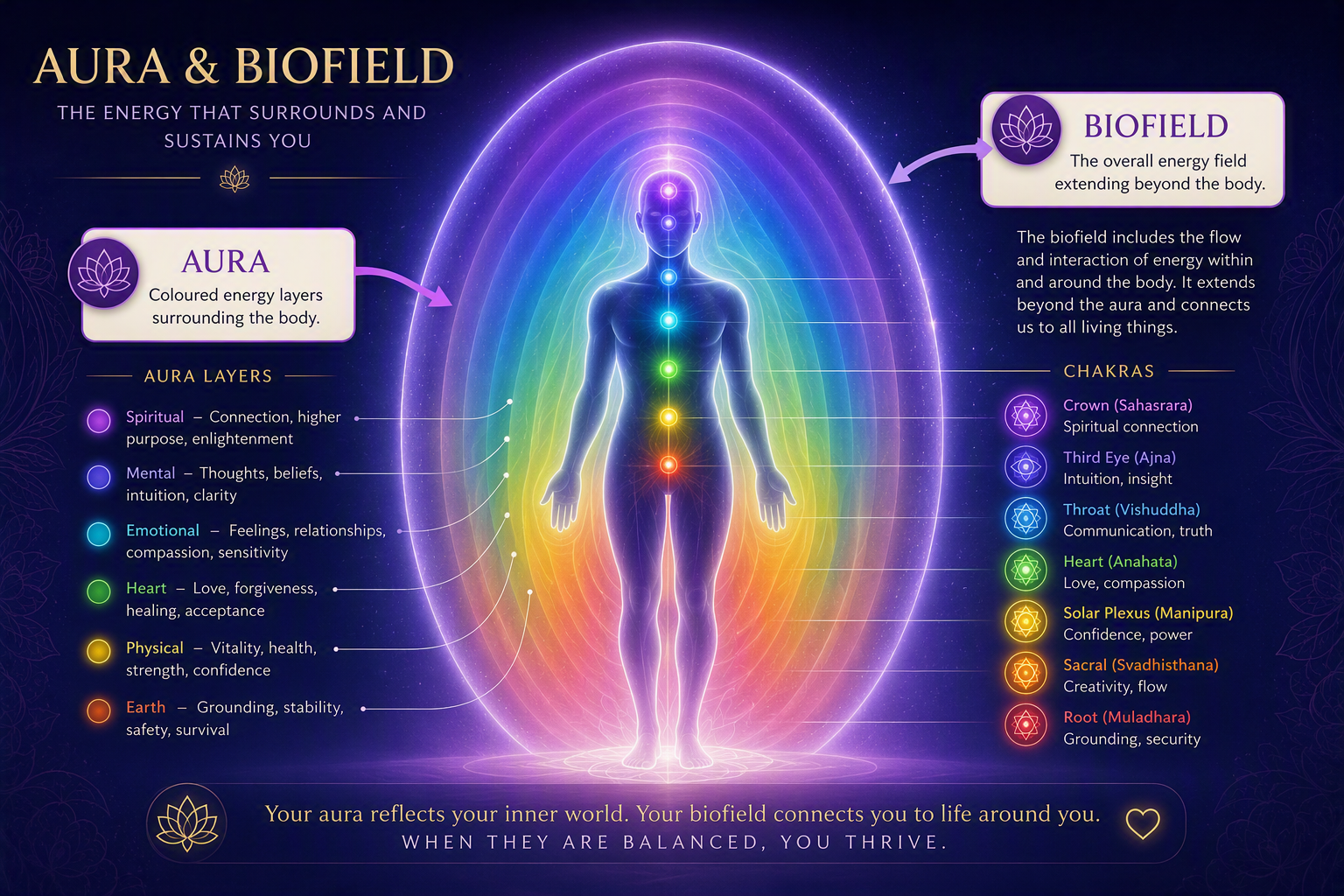 Aura and biofield guide showing a chakra-coloured figure and explanatory labels